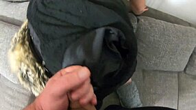 Cum On Black Fur Downjacket During Blowjob