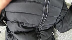 Cum On Black Fur Downjacket During Blowjob