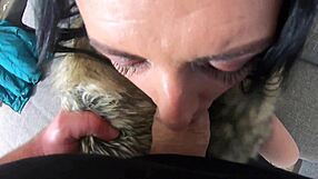 Cum On Black Fur Downjacket During Blowjob