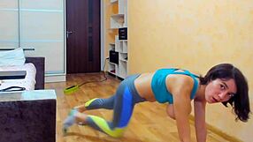 dildo titfuck and pussy fondling during gymnastics with boobs out