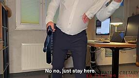 Boss ties secretary on desk for rough sex