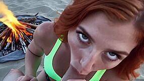 beautiful redhead teen gives pov blowjob at cozy beach