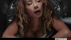 Stuck in the washing machine trans shemale grows futa cock and fucks female slut with anal creampie