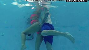 Tattooed stud fucks bikini blonde at pool edge